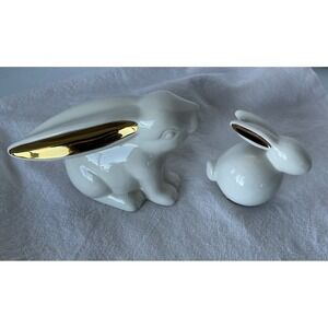 Transpac Ceramic Bunny Figurine Set‎ Gold Ear White Glazed Easter Decor Small
